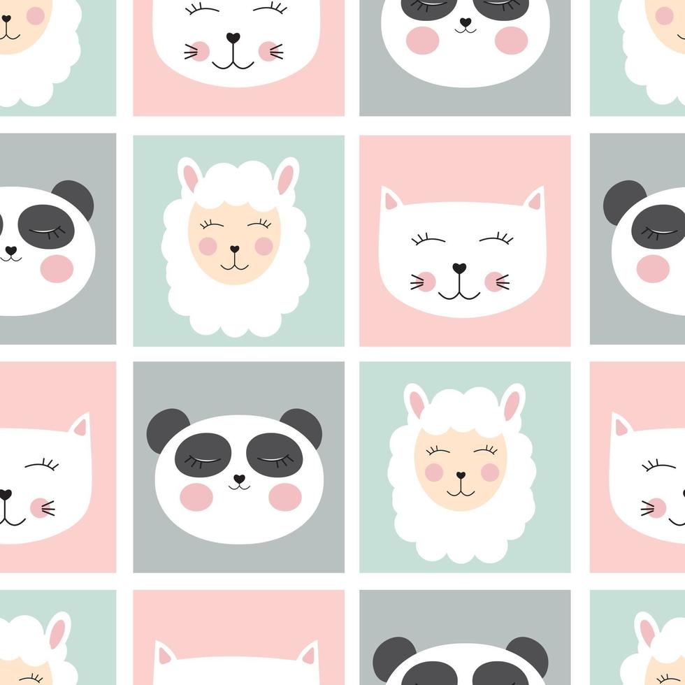 Cute seamless pattern with animals panda, cat and sheep for kids, child background. Vector illustration