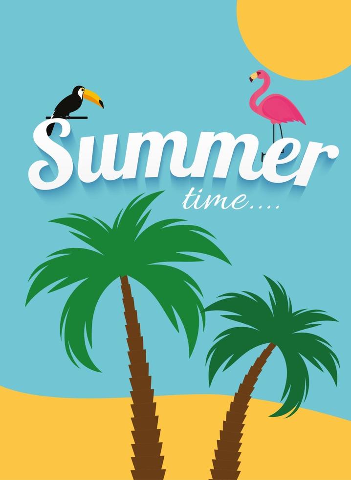 Abstract Summer Time Background with Flamingo and Toucan. Vector Illustration