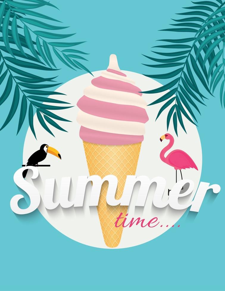 Abstract Summer Time Background with Flamingo and Toucan. Vector Illustration