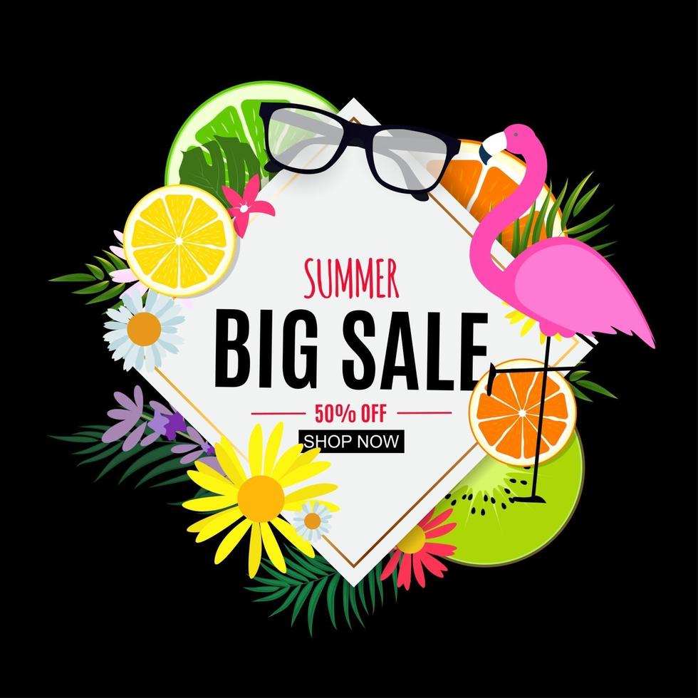 Abstract Summer Sale Background with Palm Leaves, Watermelon, Ice Cream and Flamingo. Vector Illustration