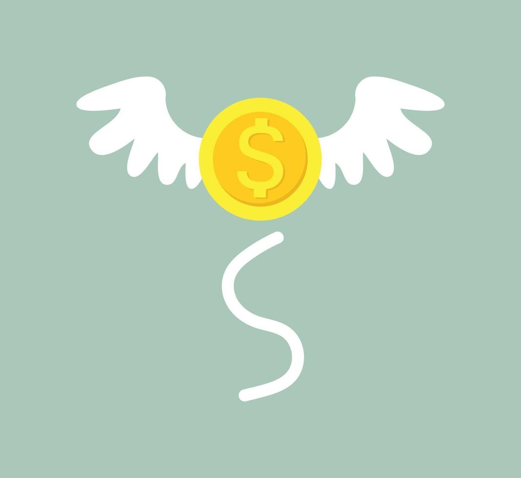 Gold dollar coin with white wings concept of growth vector