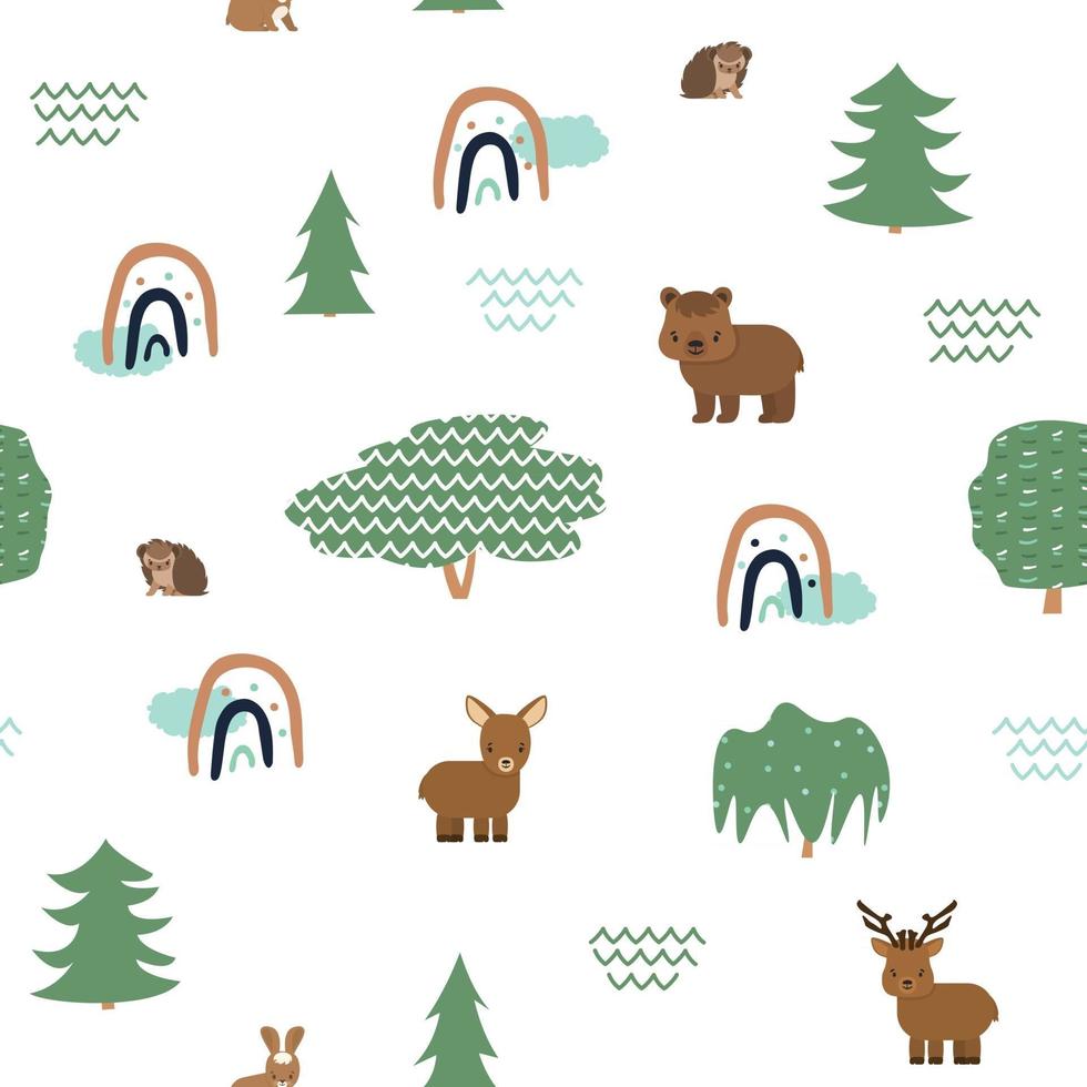 Cute forest animals seamless pattern with rainbows. Bear deer doe elk hare hedgehog. Vector illustration on white background