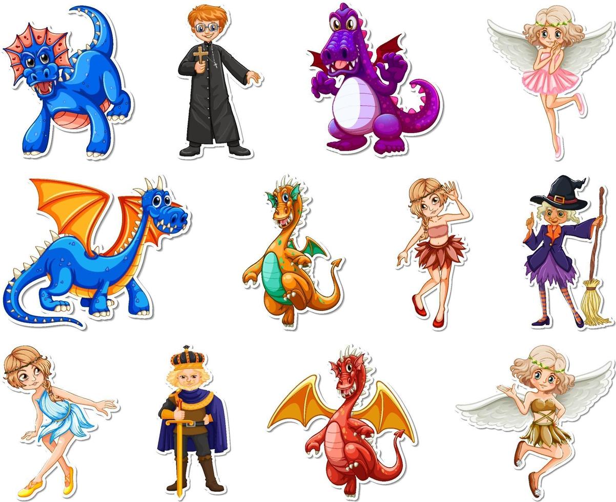 Sticker set with different fairytale cartoon characters vector
