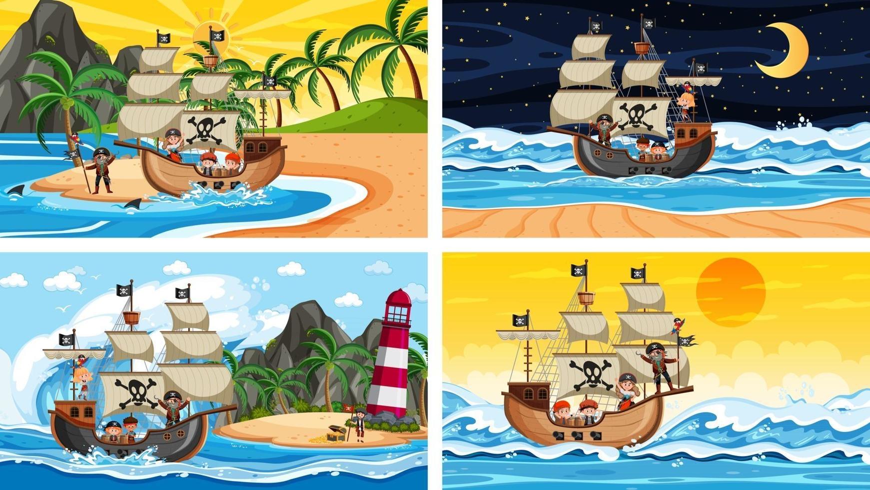 Set of different beach scenes with pirate ship and pirate cartoon character vector