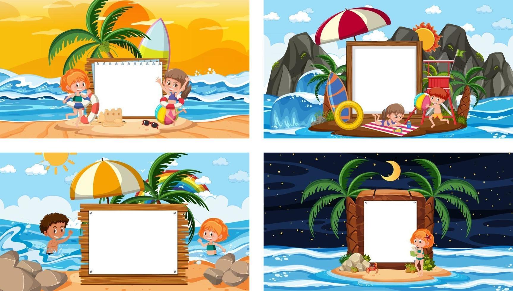 Set of different tropical beach scenes with blank banner vector