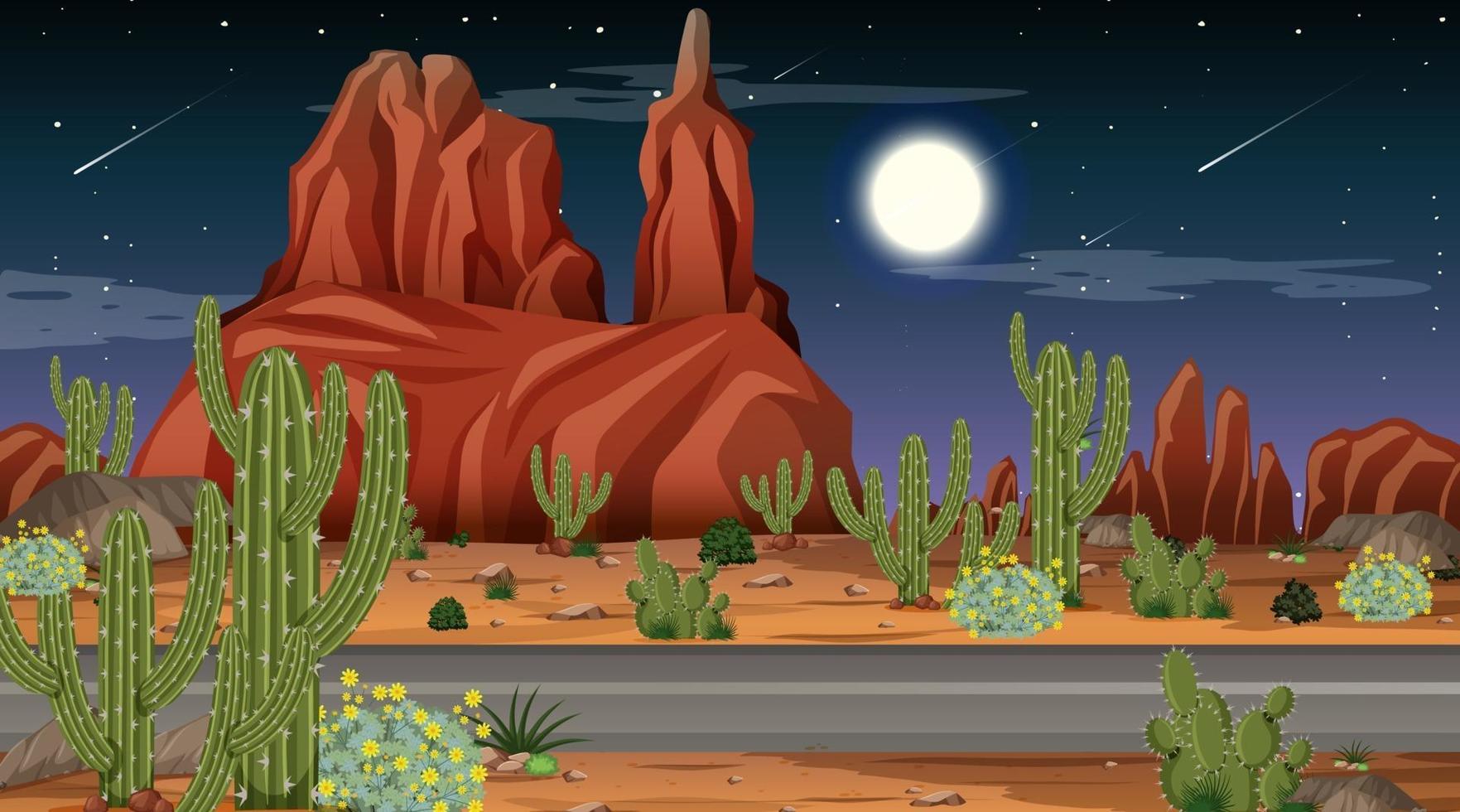 Desert forest landscape at night scene with long road vector