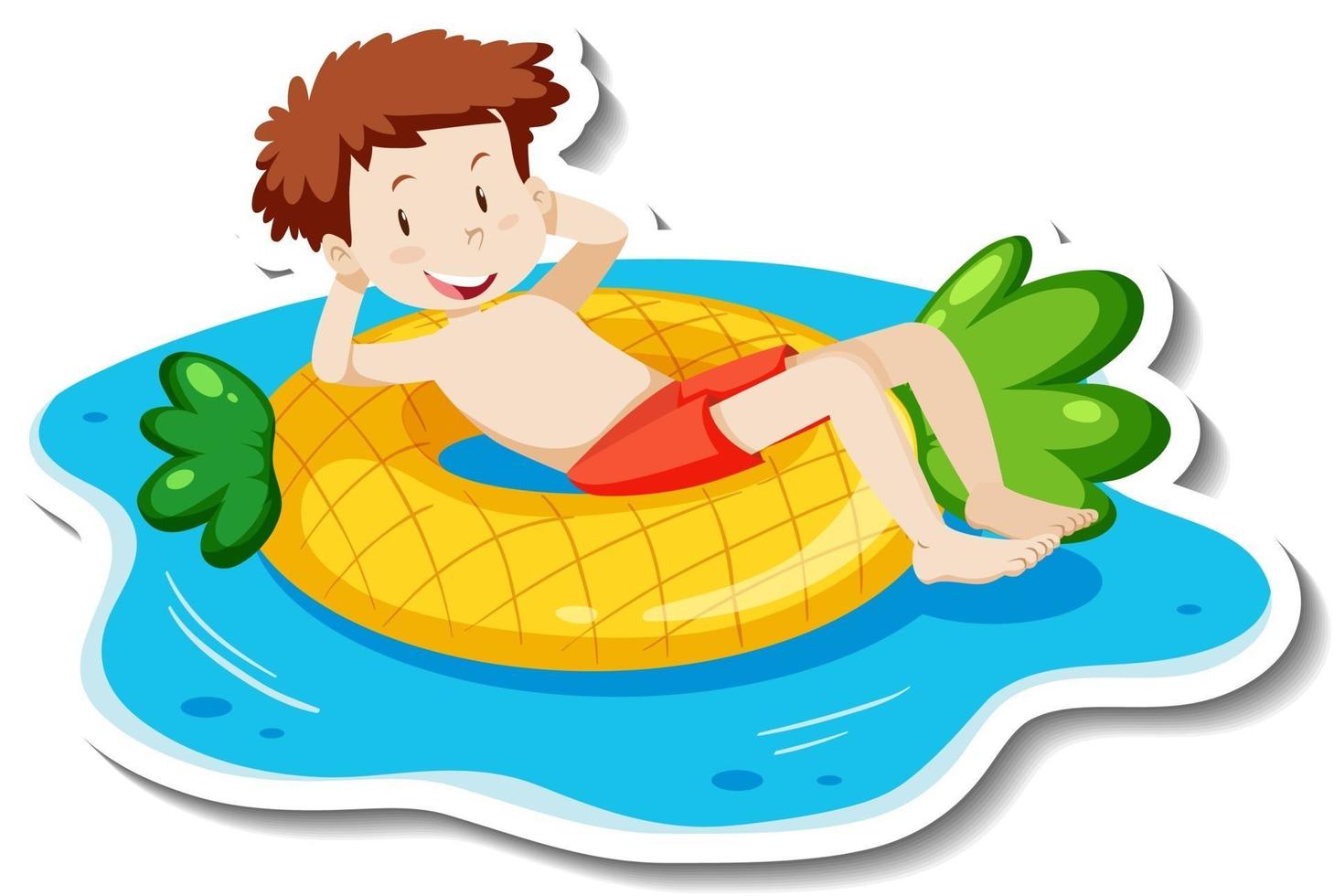 A sticker template with a teenager boy laying on swimming ring vector