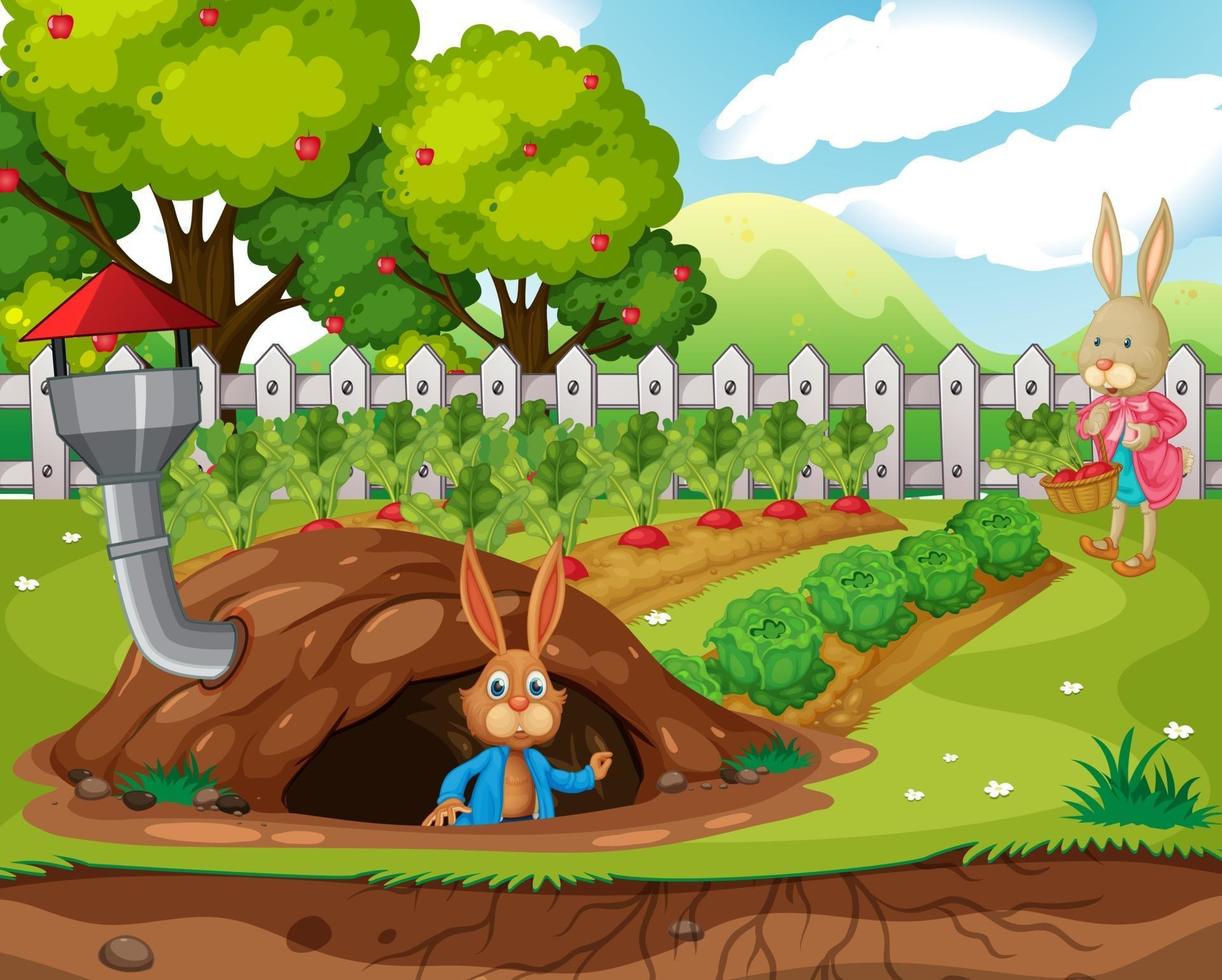 escena de jardín con muchos conejos personaje de dibujos animados vector