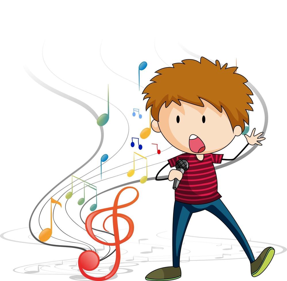 Doodle personaje de dibujos animados de un niño cantante cantando con símbolos de melodía musical vector