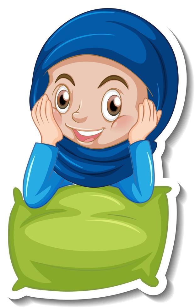 A sticker template with Muslim girl hugs a pillow vector