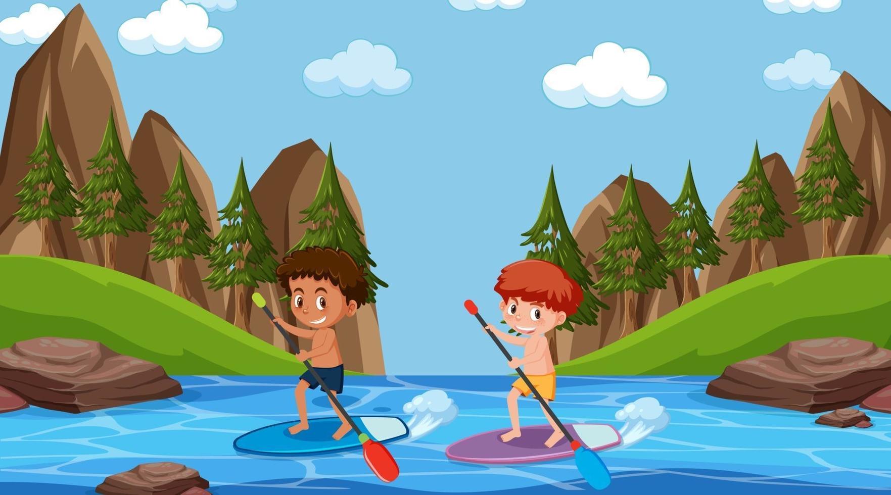 Forest scene with children on surfboard in the river vector