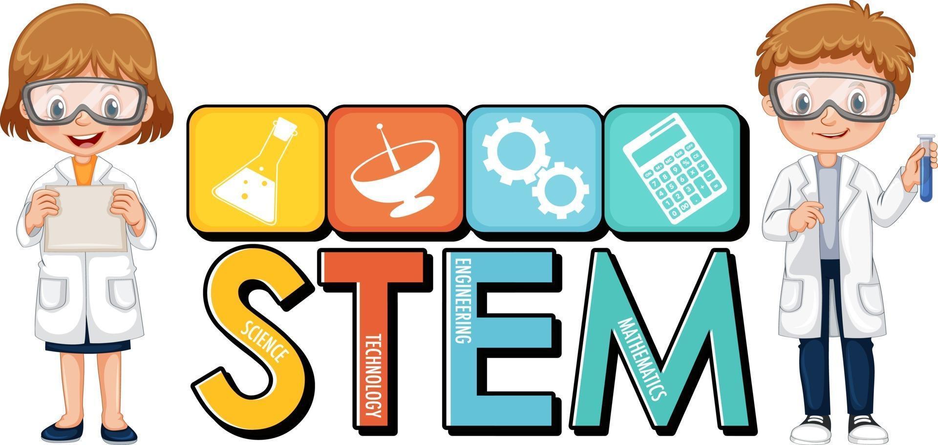 STEM education logo with scientist kids cartoon character vector