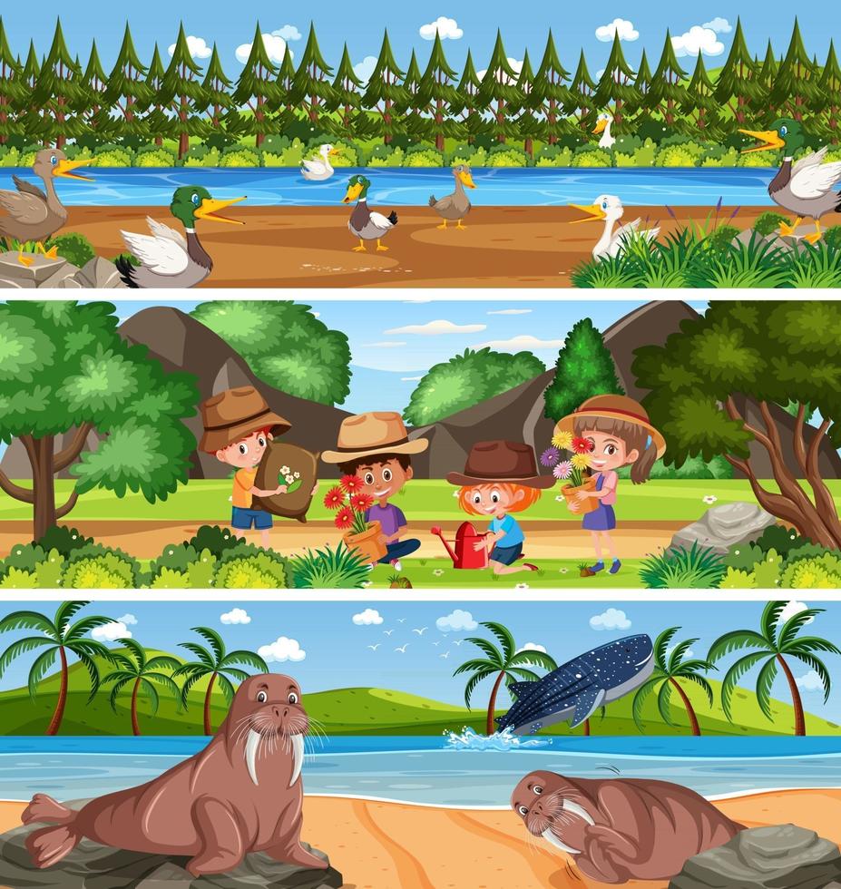 Different nature landscape at daytime scene with cartoon character vector