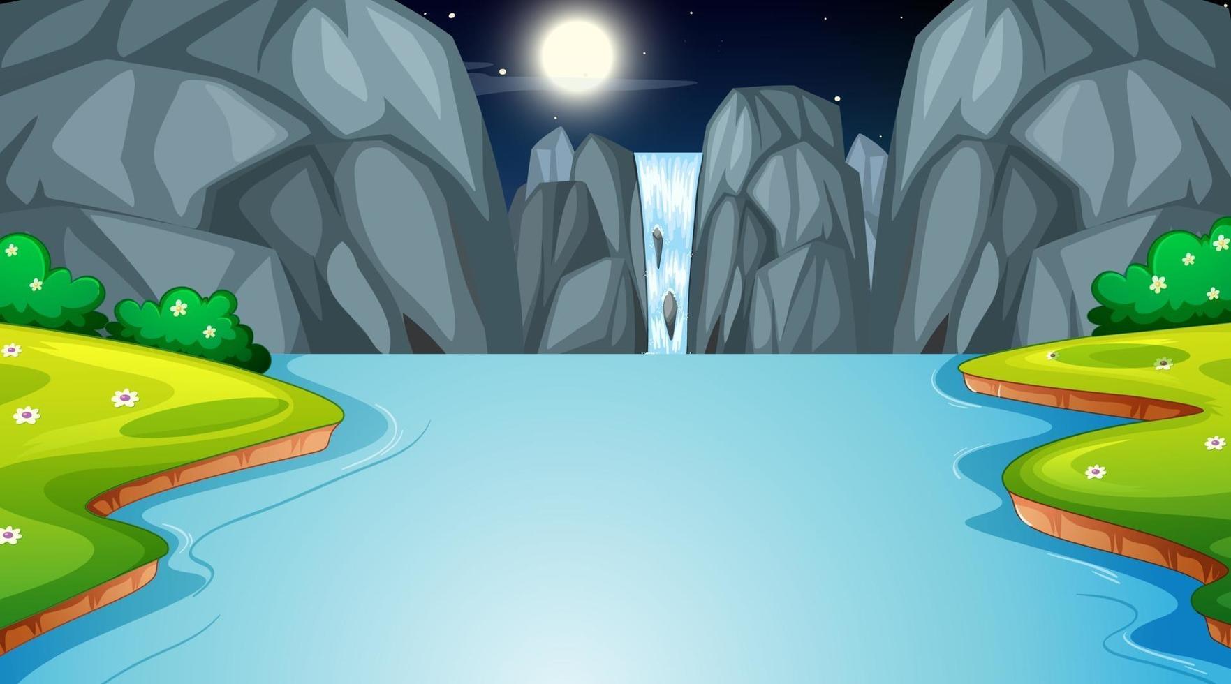 paisaje de bosque natural en la escena nocturna con cascada vector