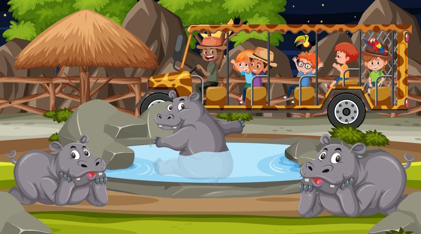 Safari at night scene with kids watching hippopotamus group vector
