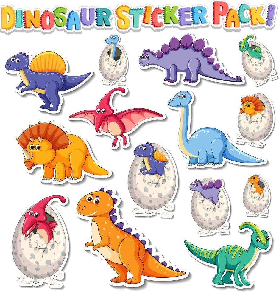 Sticker set with different types of dinosaurs cartoon characters vector