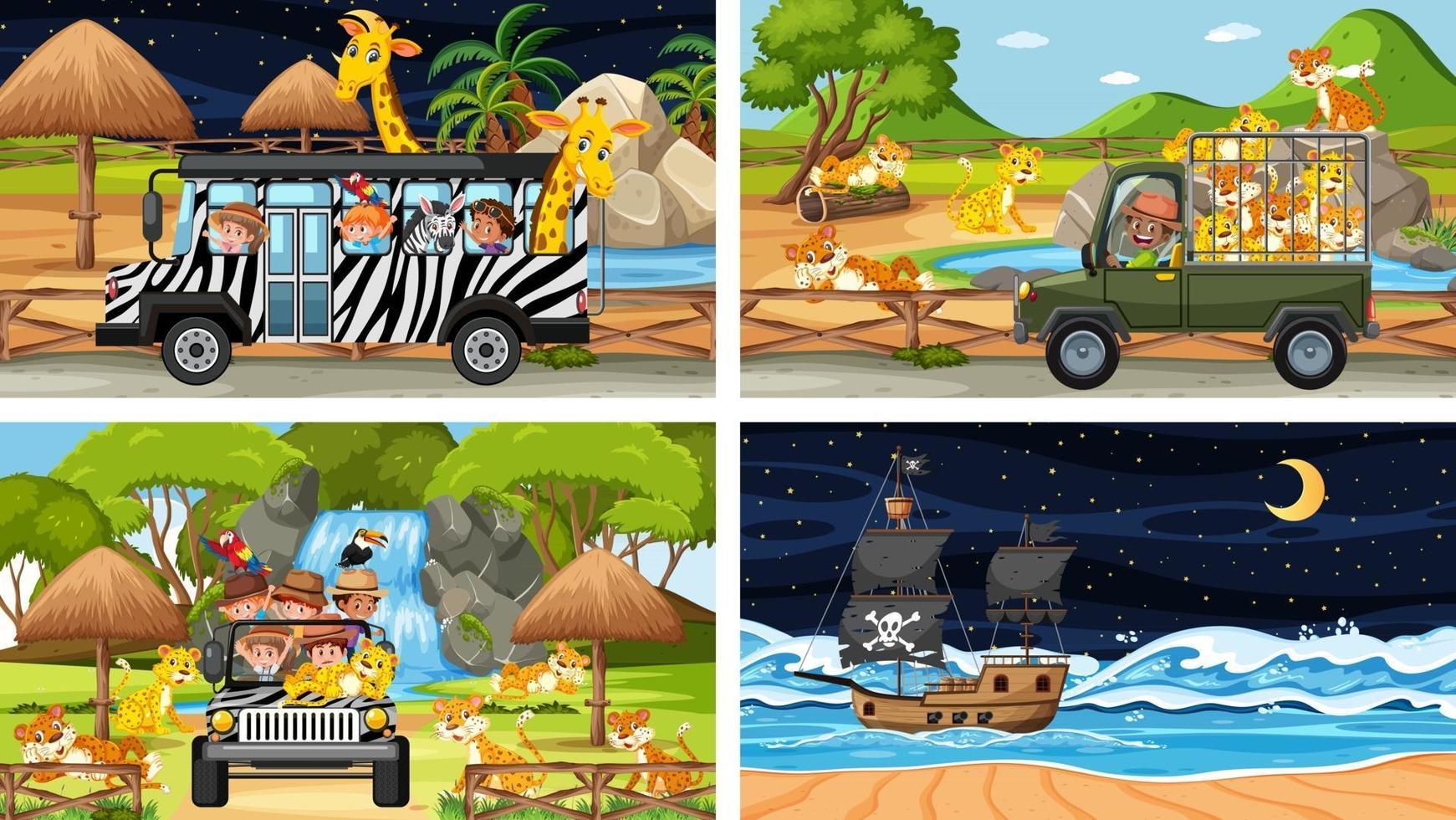 Conjunto de diferentes escenas con animales en el zoológico y barco pirata en el mar. vector