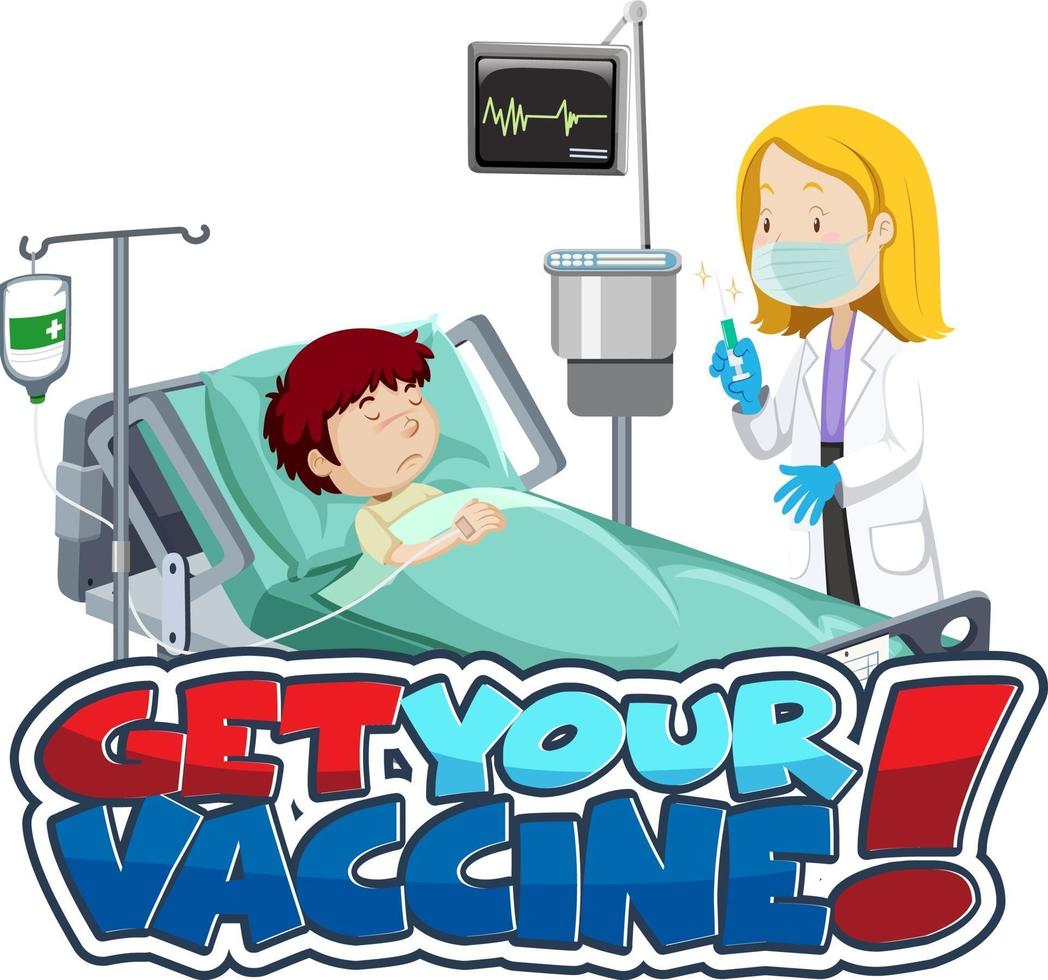 Get Your Vaccine font banner with patient and doctor cartoon character vector