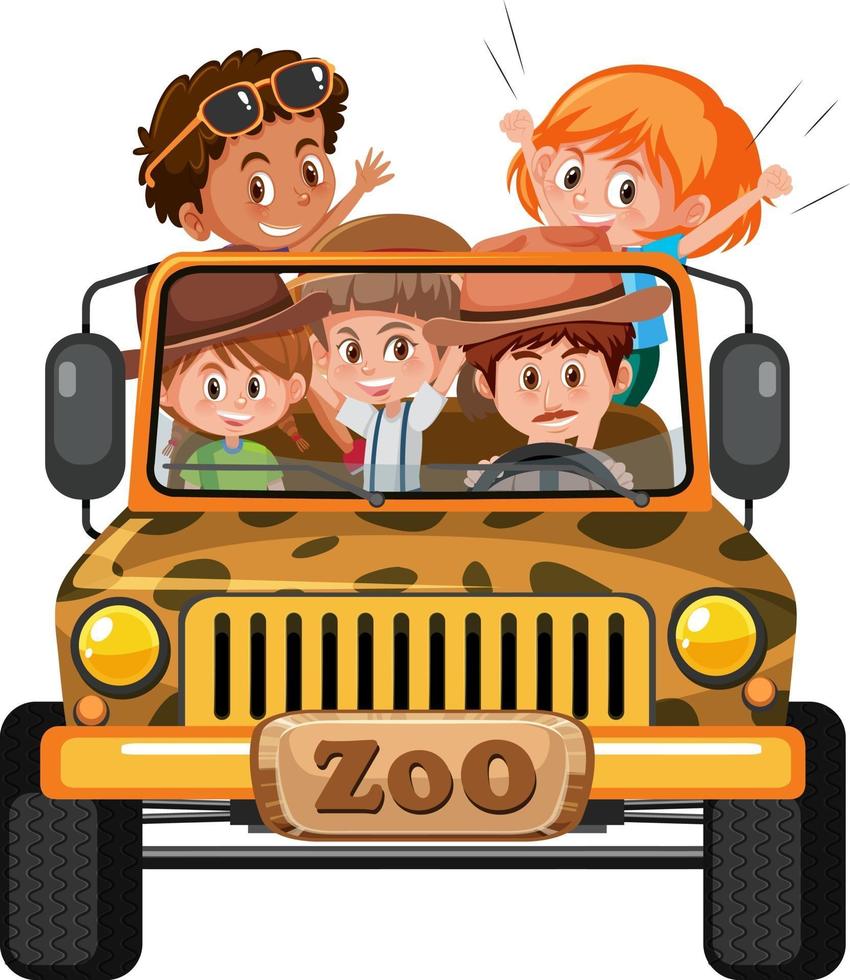 Zoo concept with kids group in the car isolated on white background vector