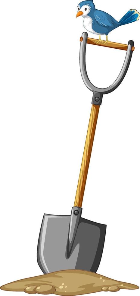 Shovel stuck in soil with little bird in cartoon style isolated vector