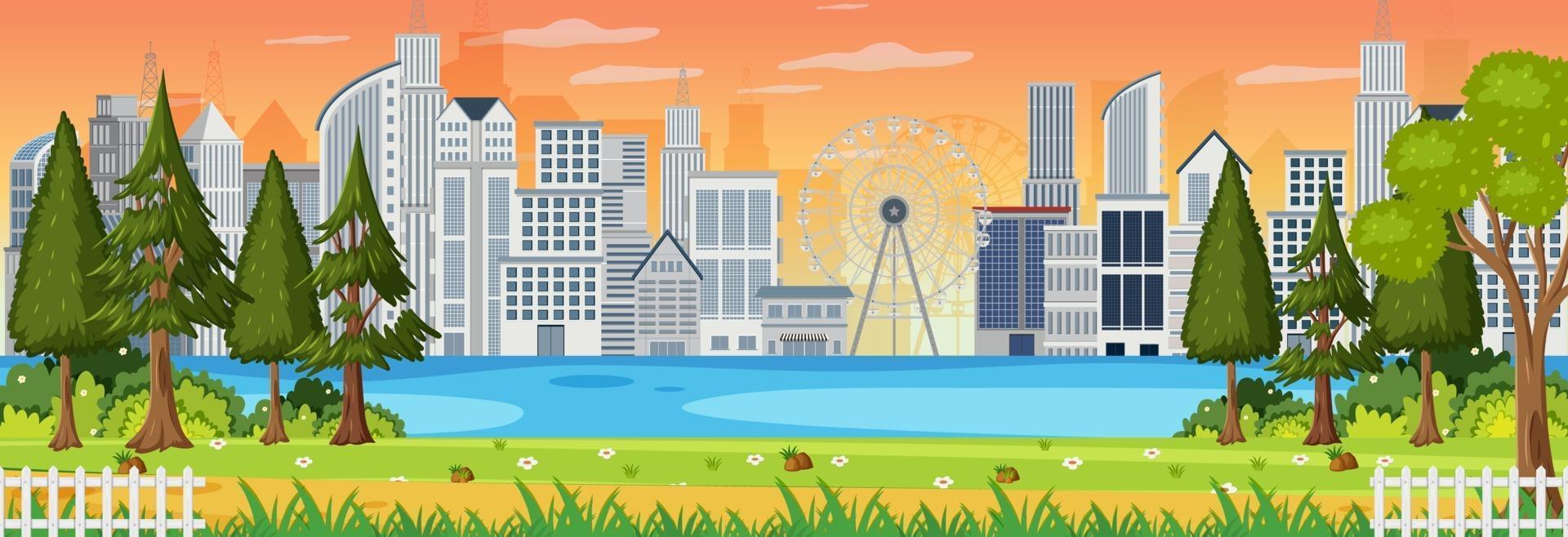 Park horizontal scene with cityscape background at sunset time vector