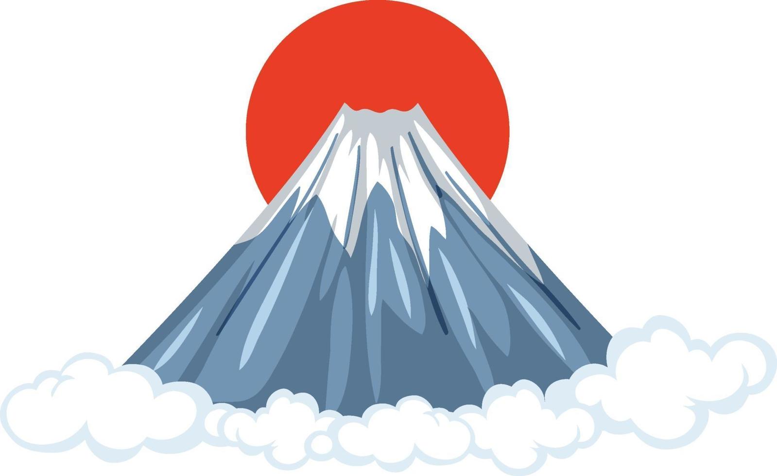 Monte Fuji con sol rojo en estilo de dibujos animados aislado sobre fondo blanco. vector