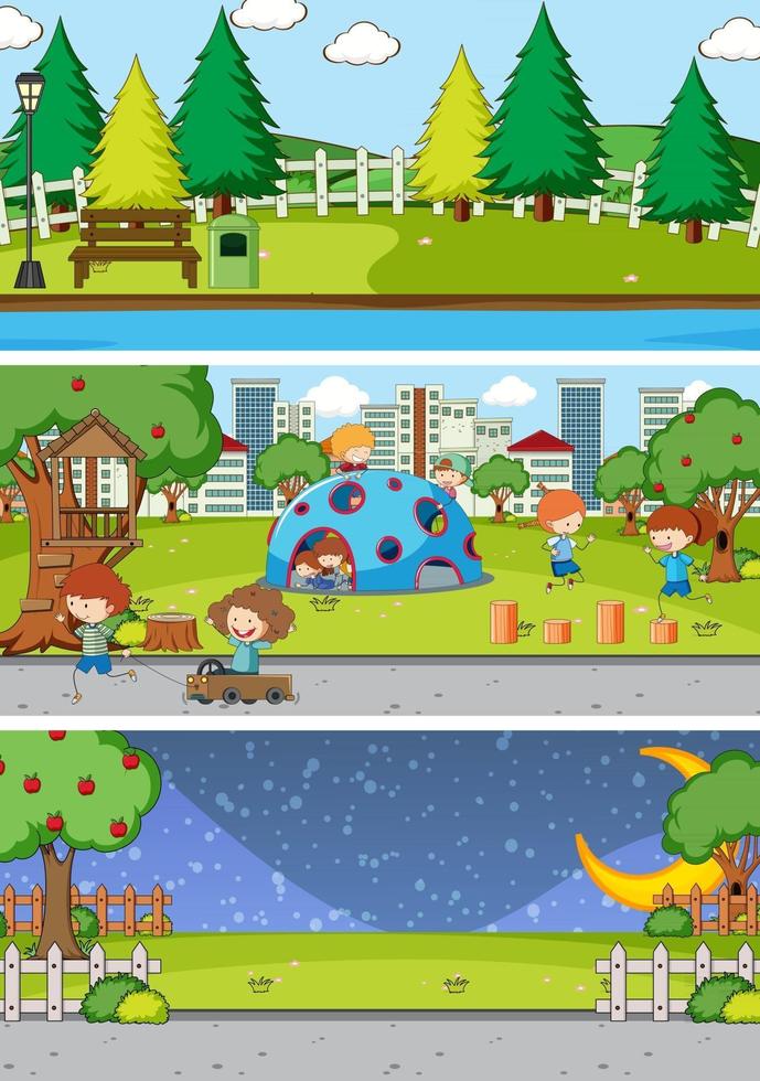 Set of different horizon scenes background with doodle kids cartoon character vector