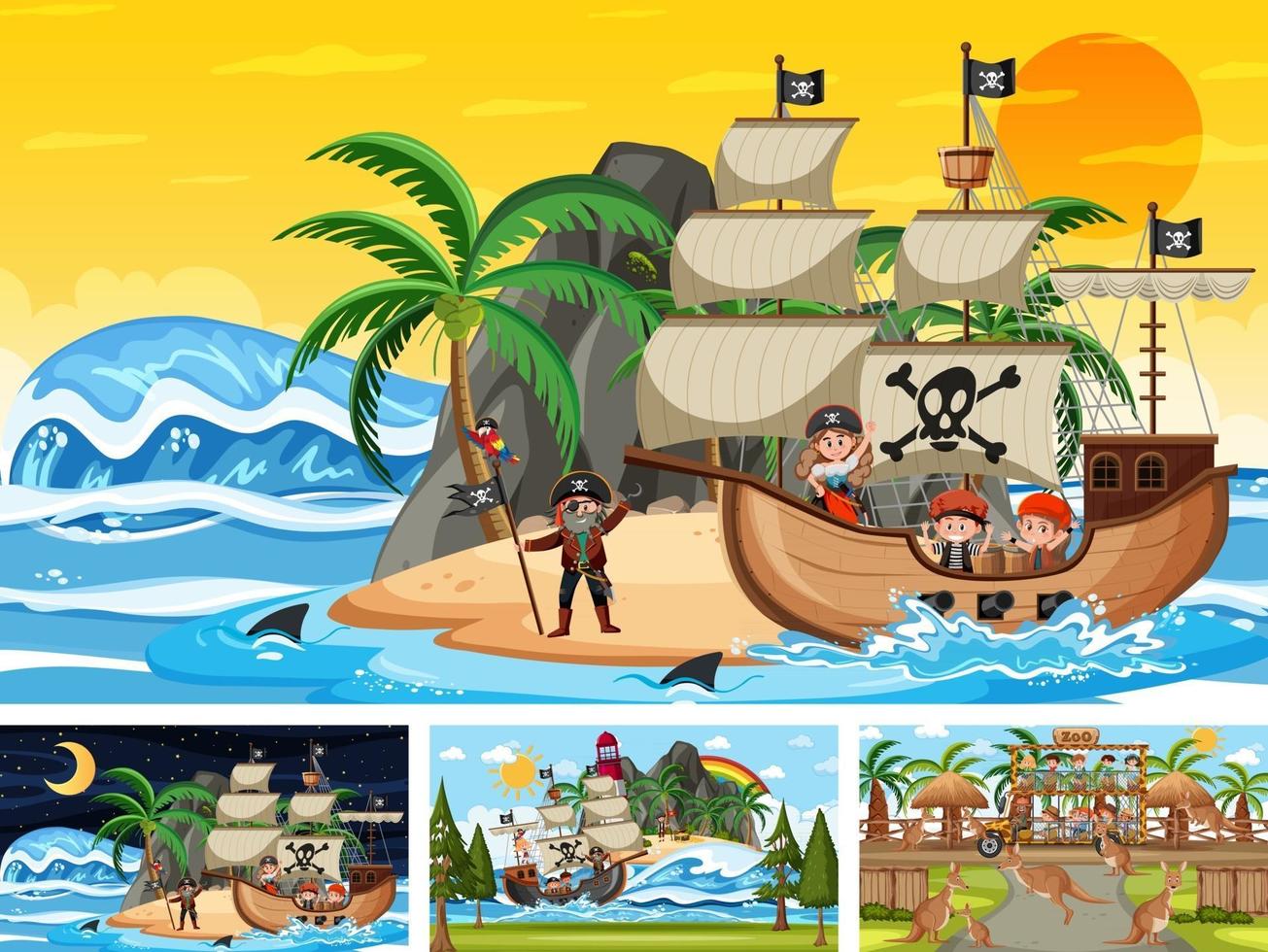 Set of different scenes with pirate ship at the sea and animals in the zoo vector