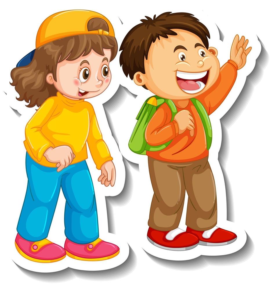 Sticker template with couple of kids students cartoon character isolated vector