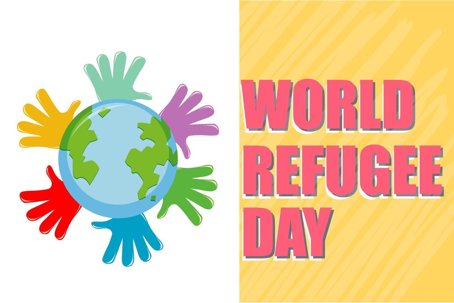 World Refugee Day banner with many hands around globe vector