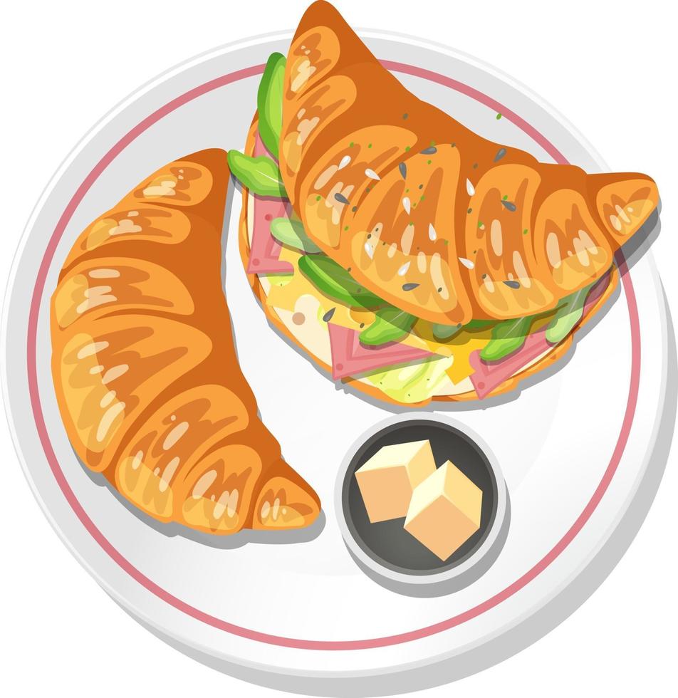 Sándwich de croissant de desayuno con mantequilla en un plato aislado vector