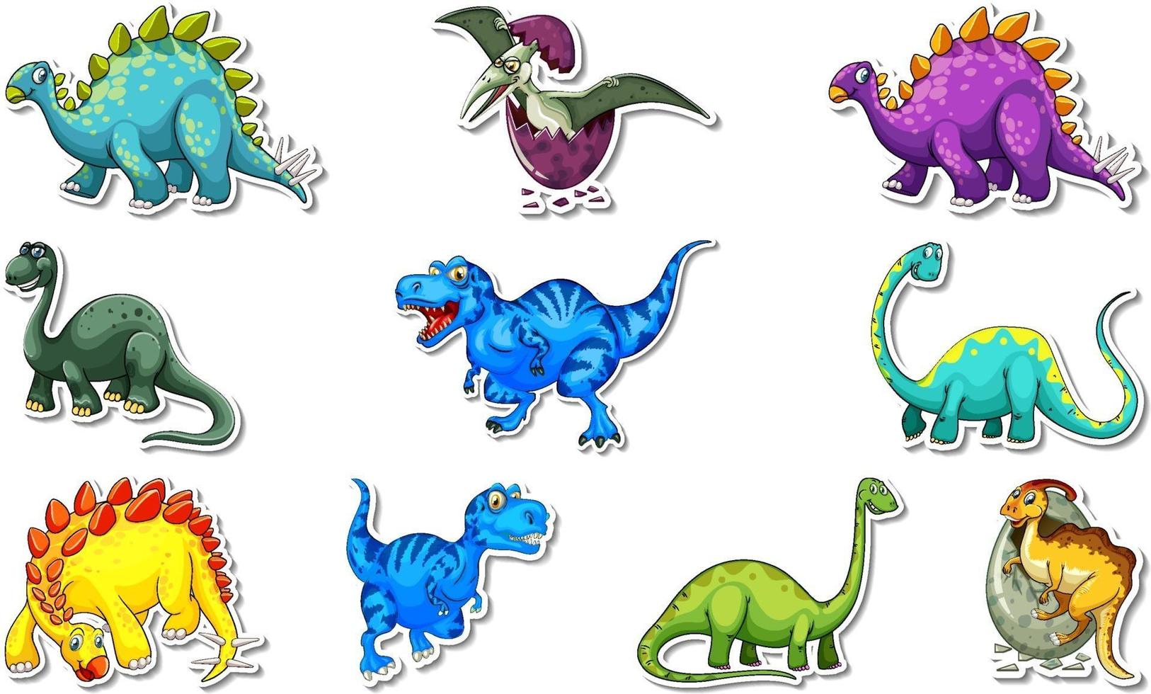 Sticker set with different types of dinosaurs cartoon characters vector