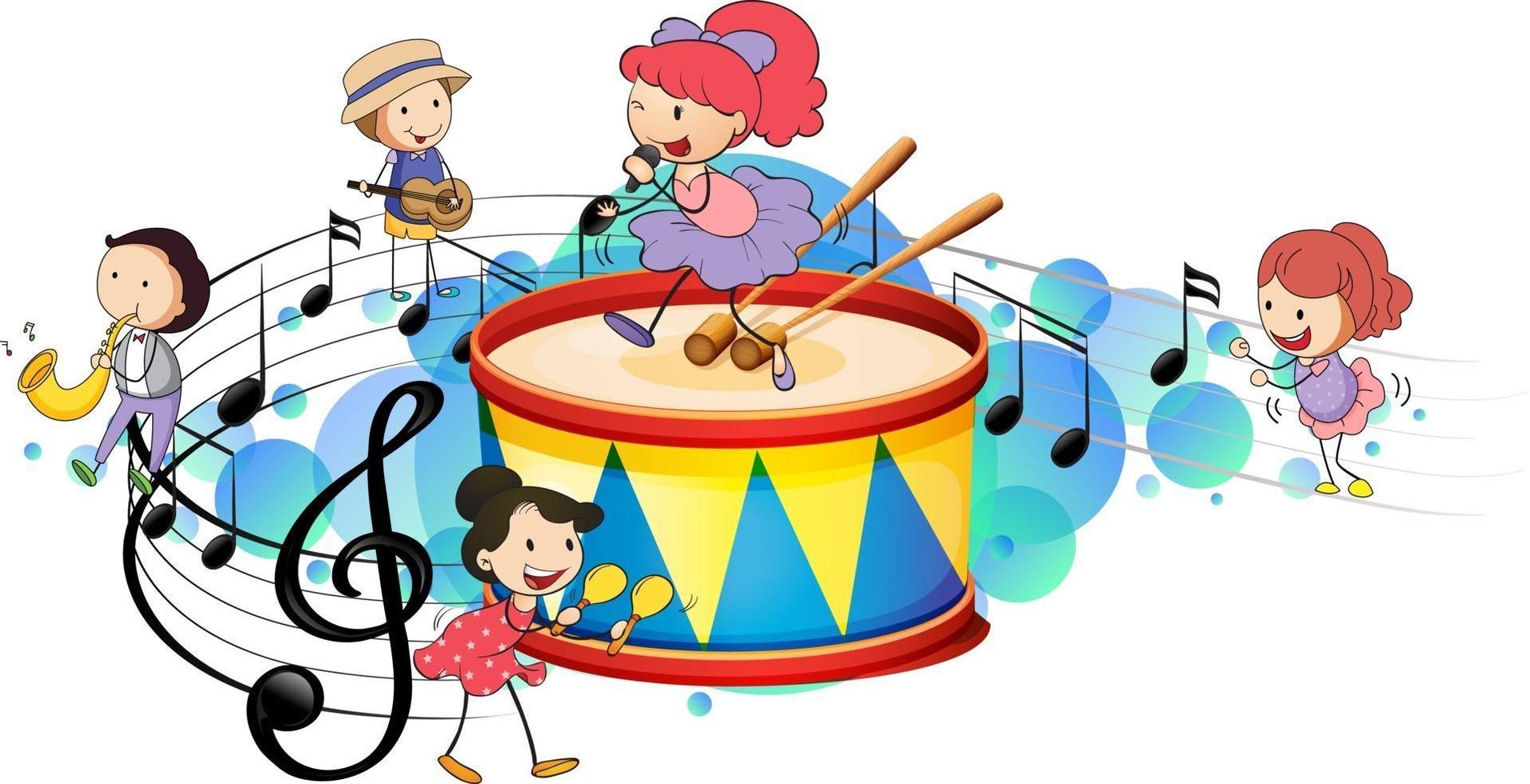 Snare drum with many happy kids and melody symbols on blue splotch vector