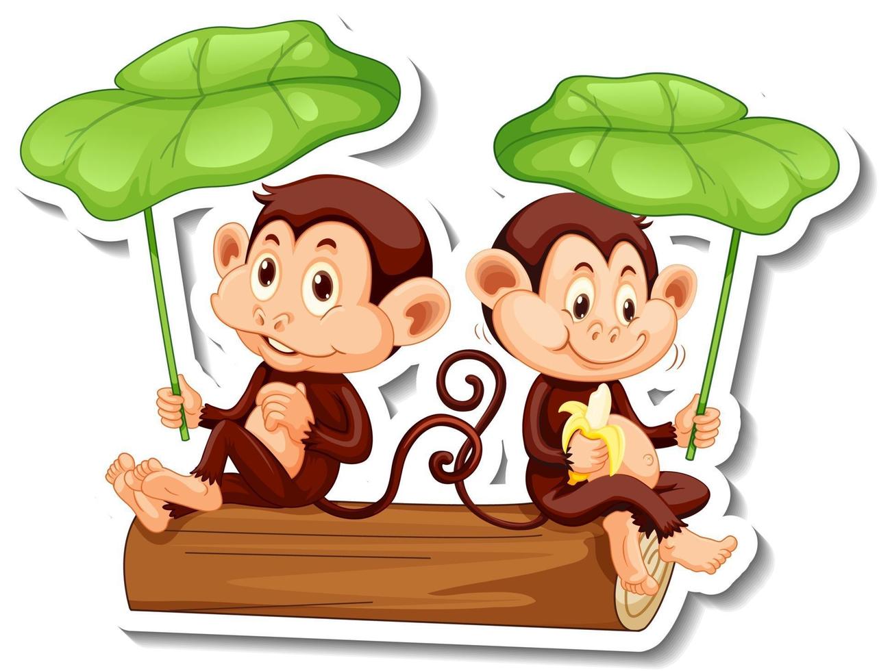 Sticker template with two monkeys holding a leaf on white background vector