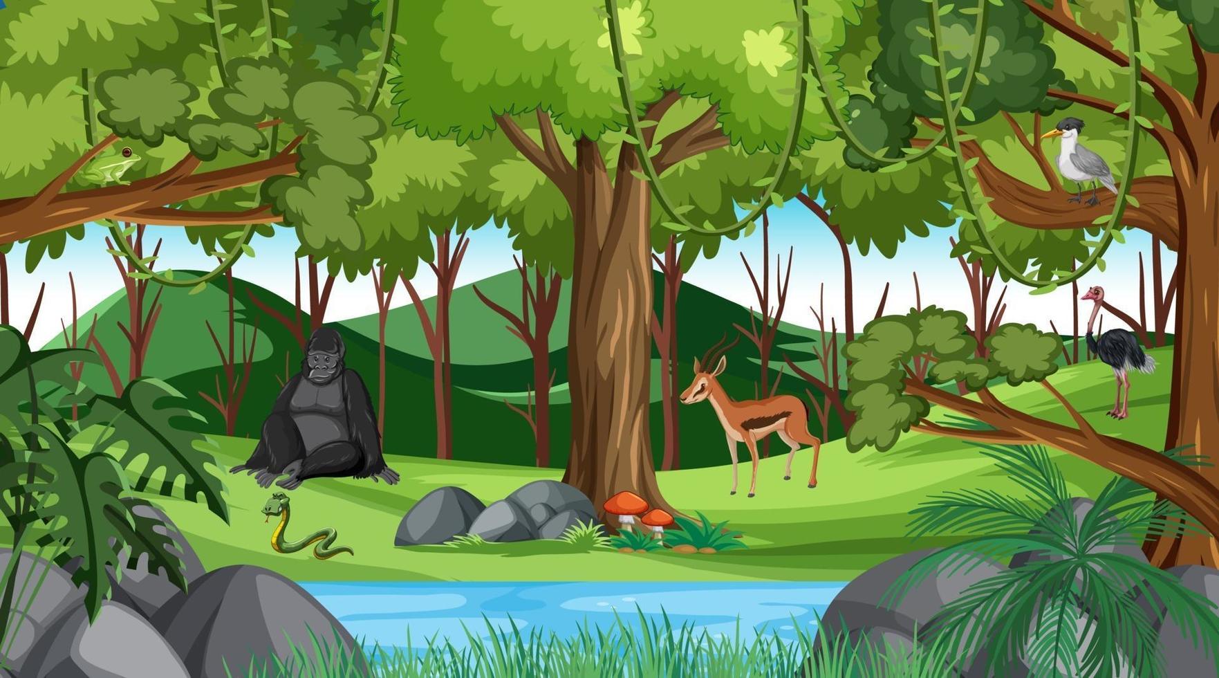 Forest at daytime scene with different wild animals vector