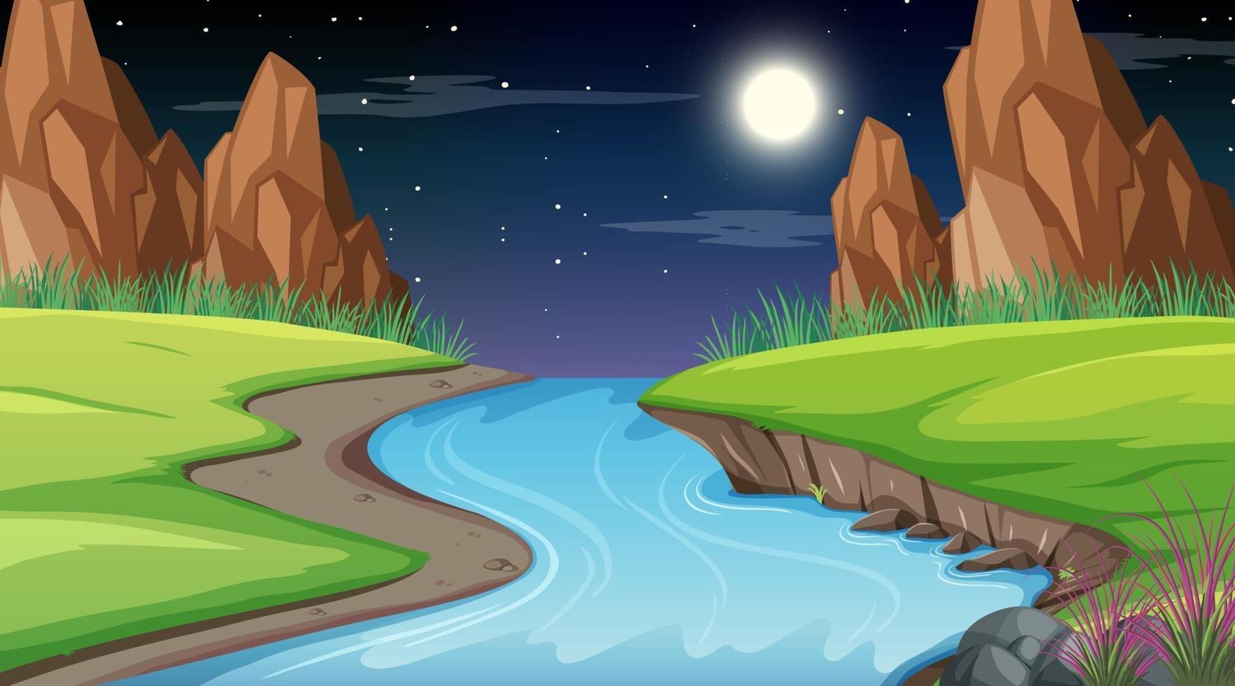 paisaje de bosque natural en la escena nocturna con un largo río que fluye a través de la pradera vector