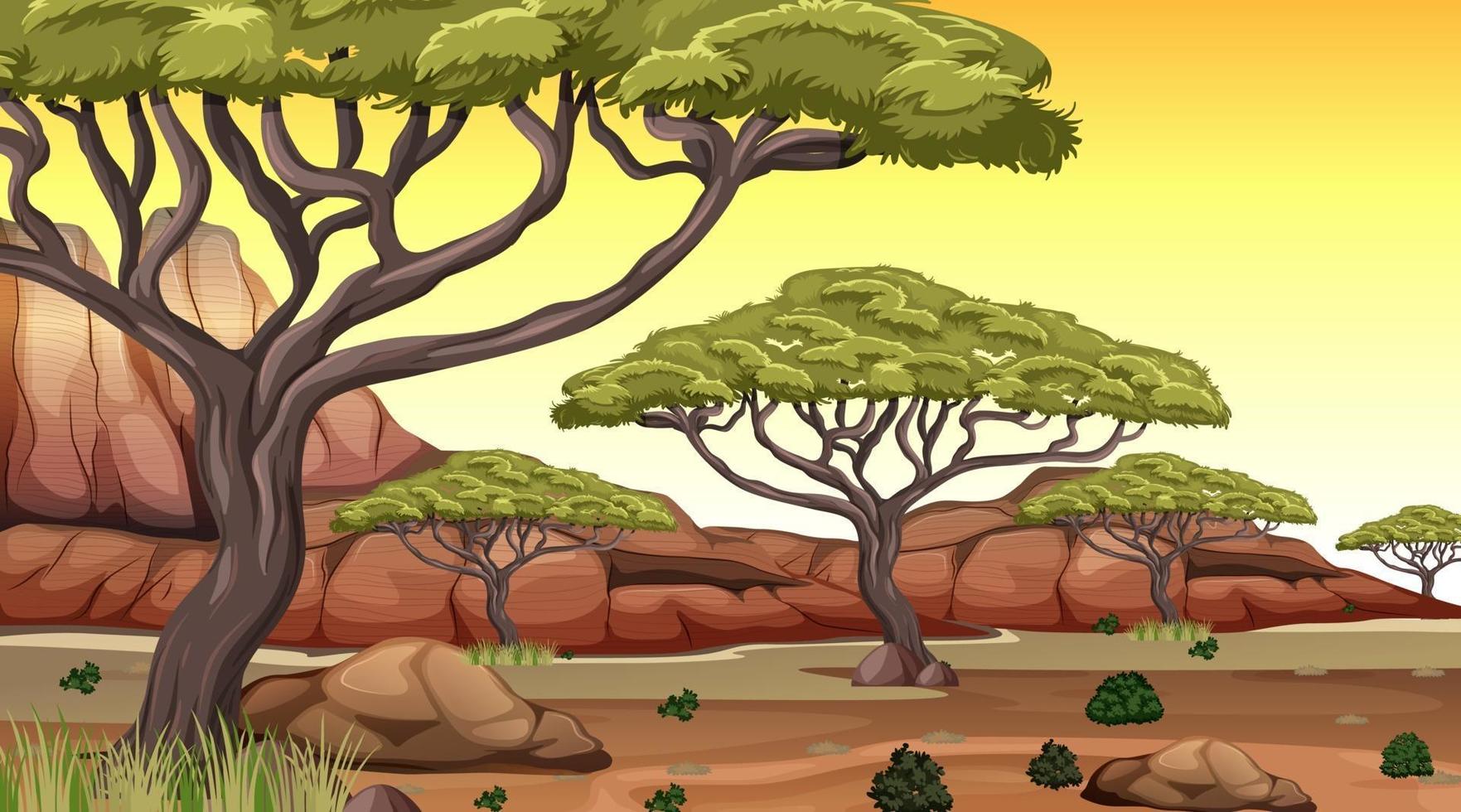 Escena del paisaje del bosque de la sabana africana al atardecer vector