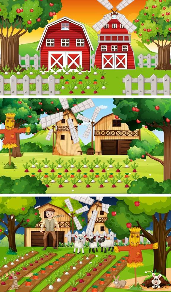 Different farm scenes with old farmer and animal cartoon character vector