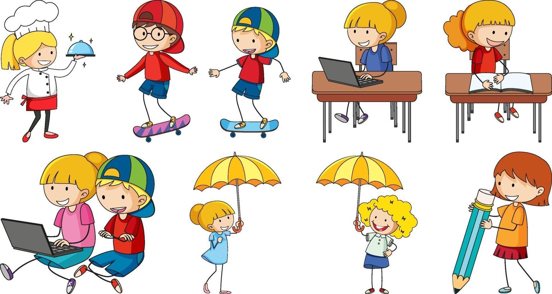 Set of different doodle kids cartoon character isolated vector