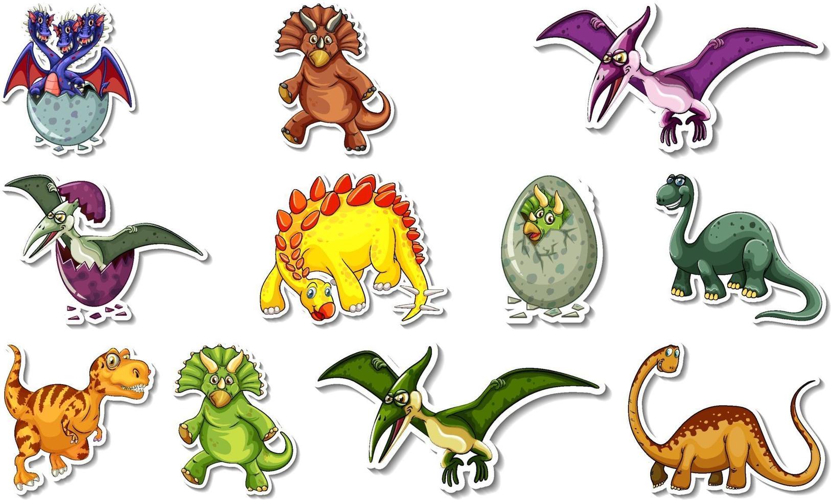Sticker set with different types of dinosaurs cartoon characters vector
