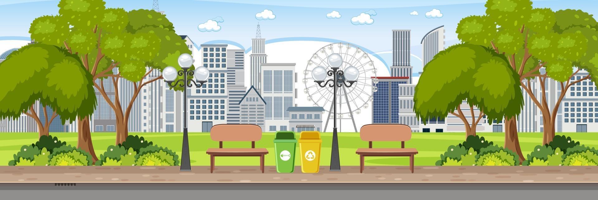 City park horizontal scene with many buildings background vector