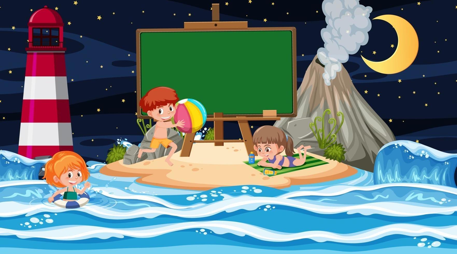 Kids on vacation at the beach night scene with an empty banner template vector