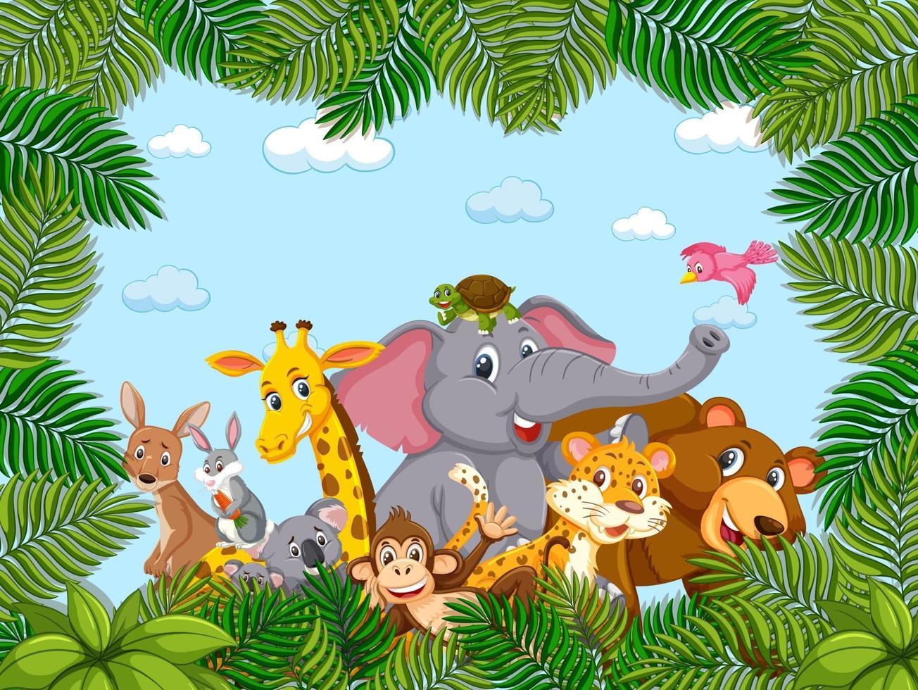 Wild animals group in the forest frame vector