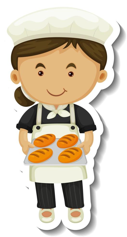 Sticker template with a baker girl holds baked tray isolated vector