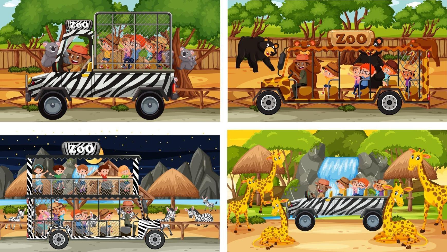 Set of different safari scenes with animals and kids cartoon character vector