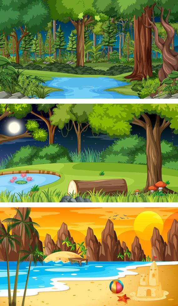 tres escenas horizontales de naturaleza diferente. vector