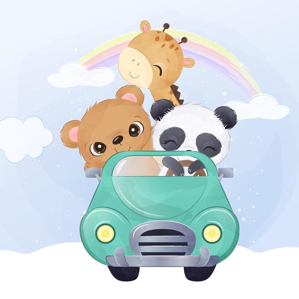 lindos animales bebés viajando juntos en un auto vector