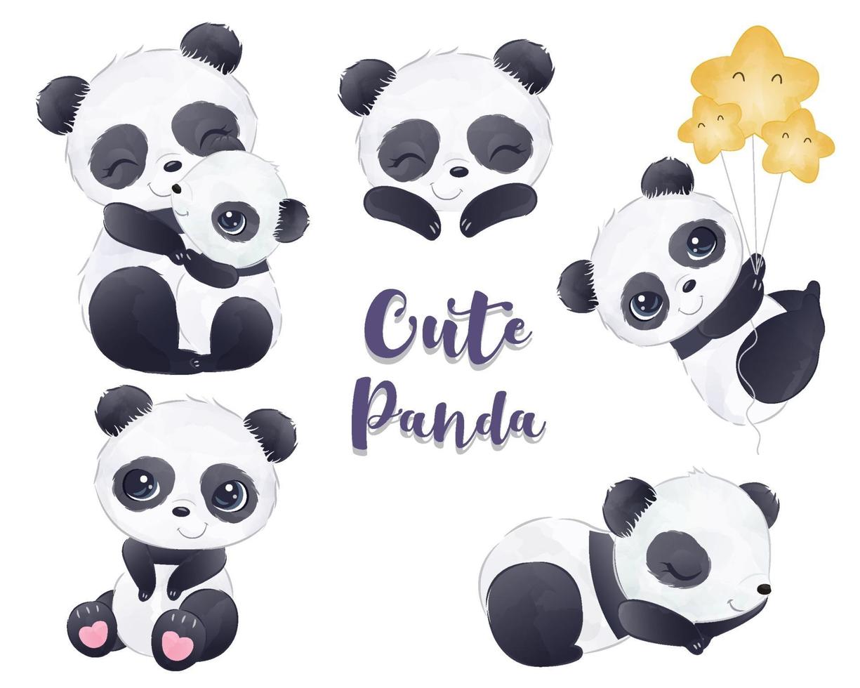 Cute little pandas collection in watercolor vector