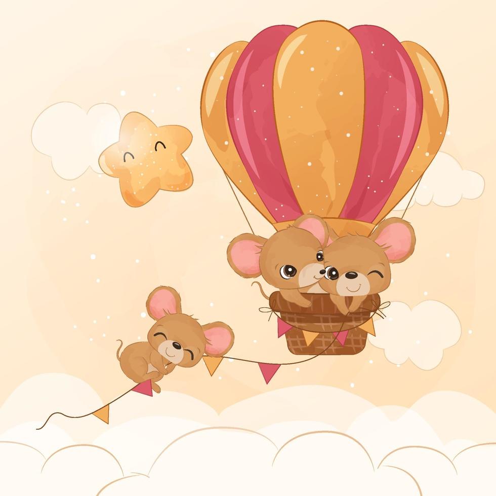 Cute little mice flying with air balloon vector