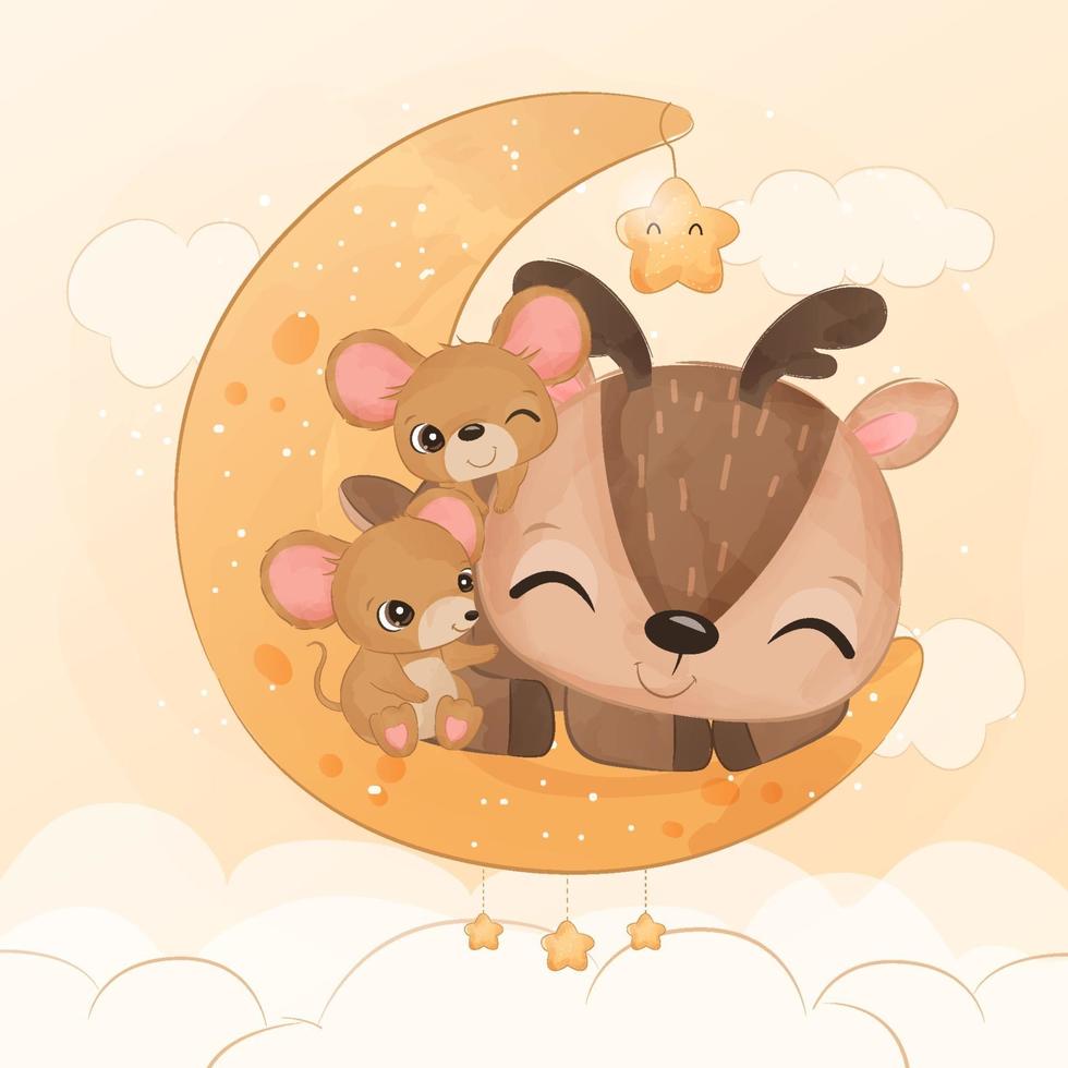 Cute little reindeer and mice in watercolor illustration vector